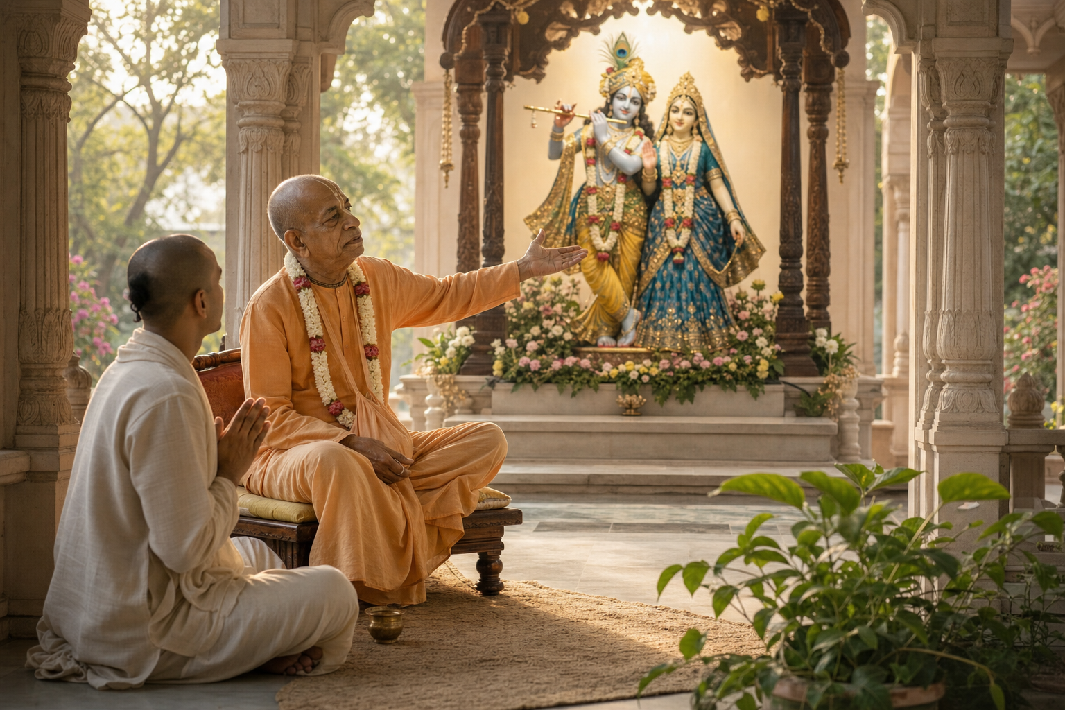 An elderly Vaishnava teacher gestures toward a Radha-Krishna altar while a younger devotee follows his direction with folded hands.