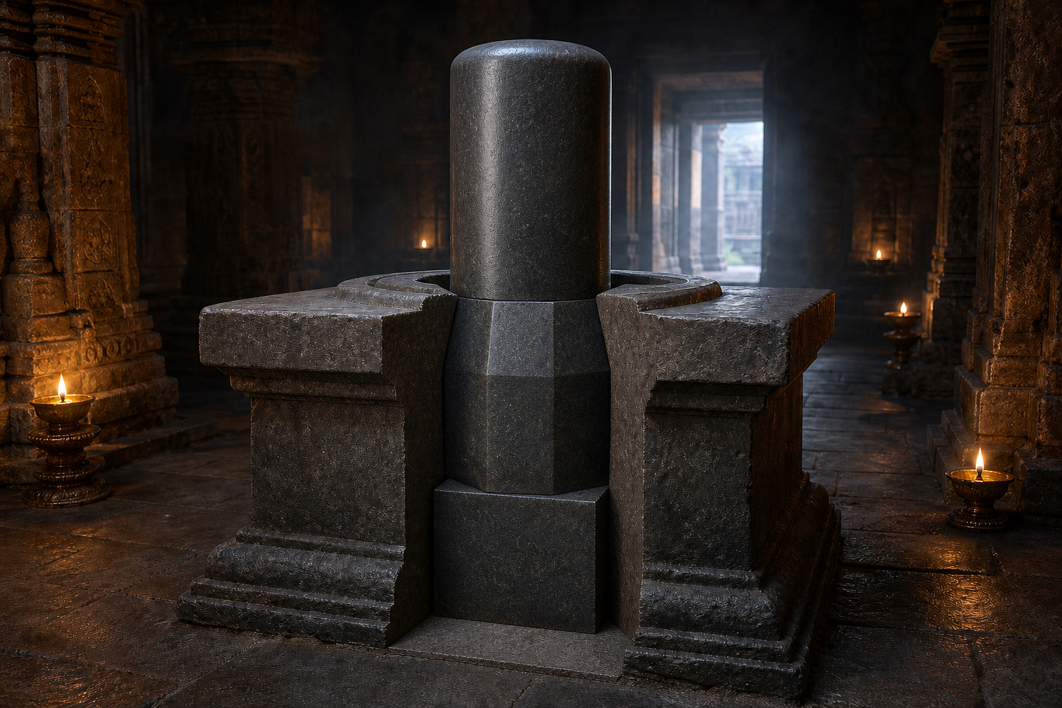 Cutaway view of a Samakanda Shivling showing equal-height square, octagonal, and circular sections within a stone pedestal.