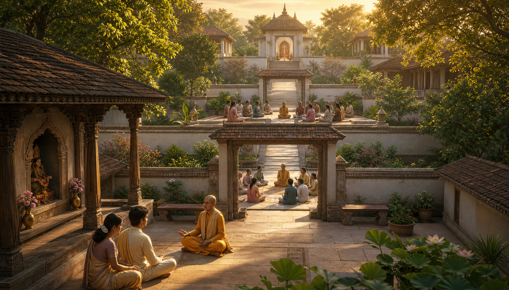 Three ascending temple courtyards with open gateways connect a local meeting to regional and central council chambers.