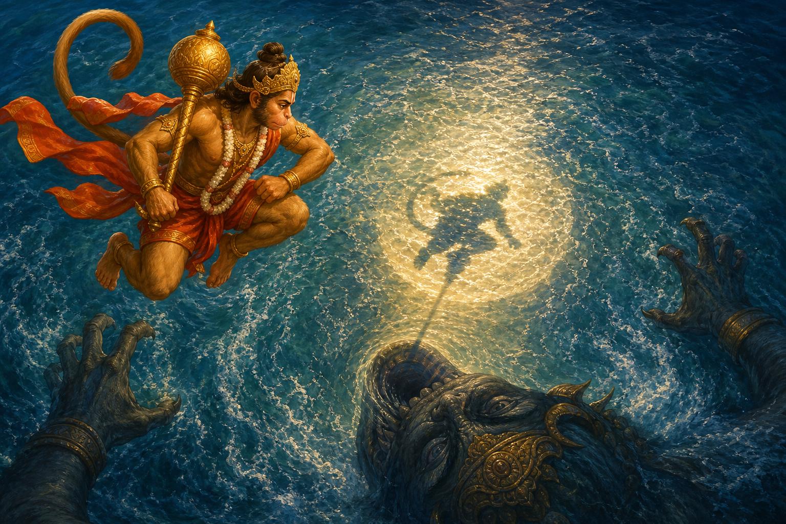 Hanuman hovers calmly above the ocean as the giant sea-being Simhika rises beneath the shadow she has seized.