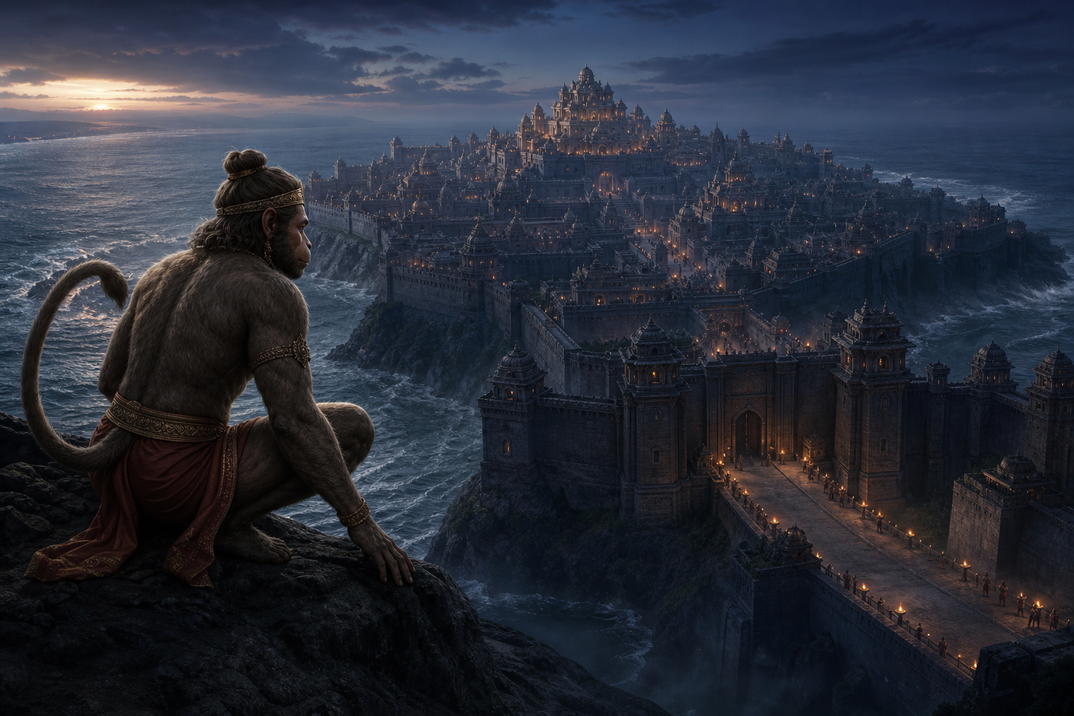 Hanuman crouches on a rocky height and surveys the walls, gates, watchtowers and torchlit avenues of the fortified island city of Lanka before dawn.