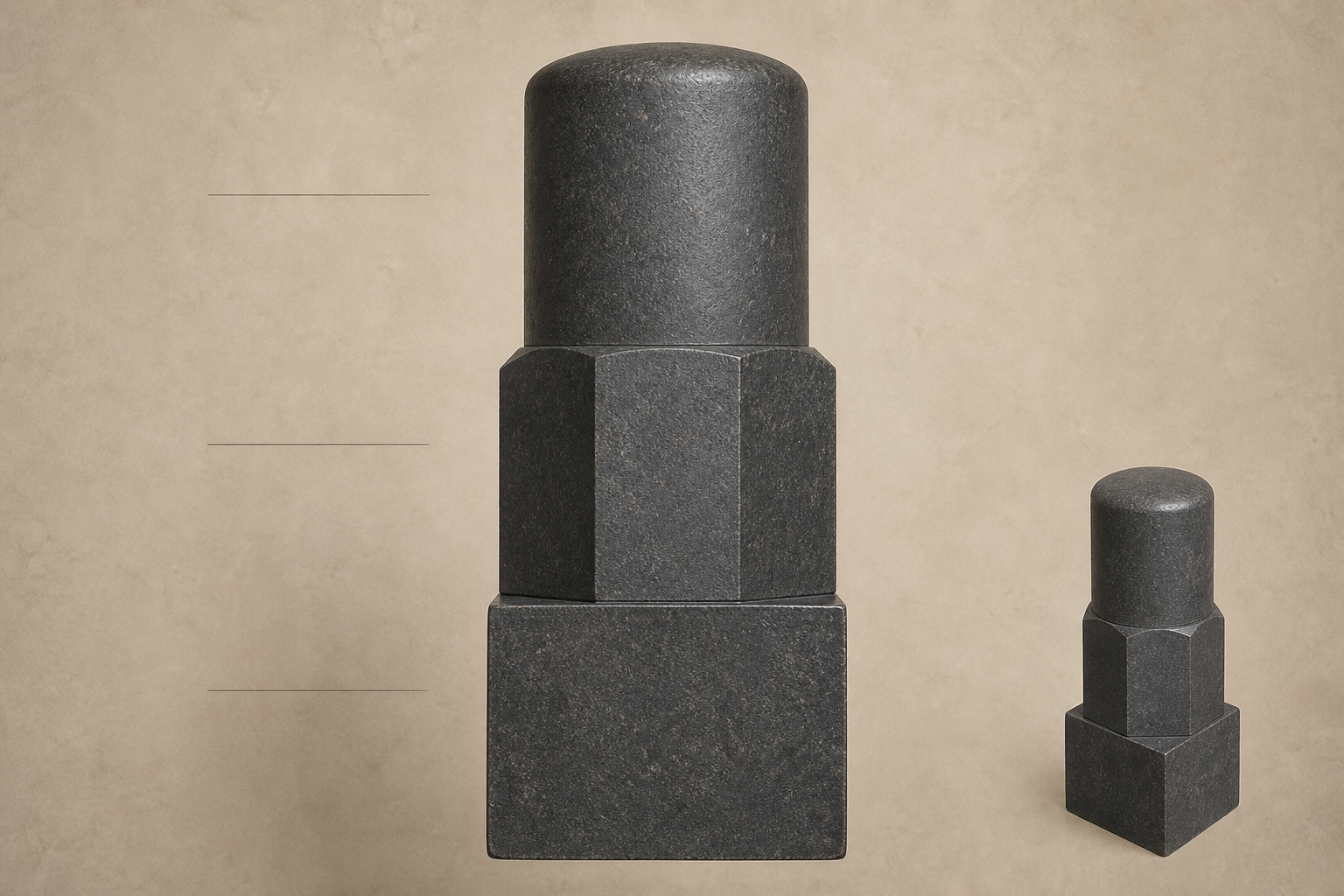 Uninstalled stone Shivling with square, octagonal, and circular portions shown at equal vertical heights.