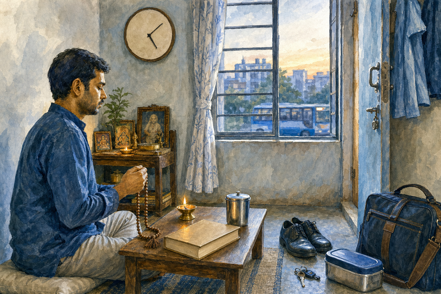 A devotee chants beside a small prayer table while a packed lunch, keys, shoes, and work bag wait near the apartment door at dawn.
