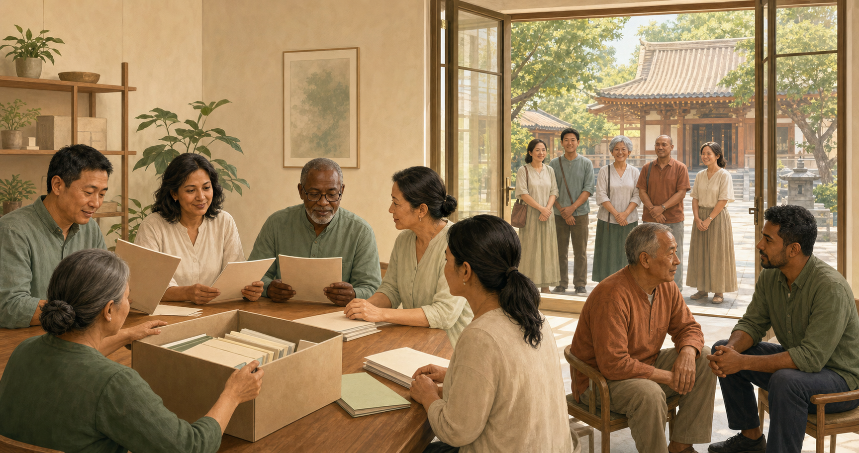 Community leaders and independent reviewers examine unmarked records in an open office while listening to a devotee.