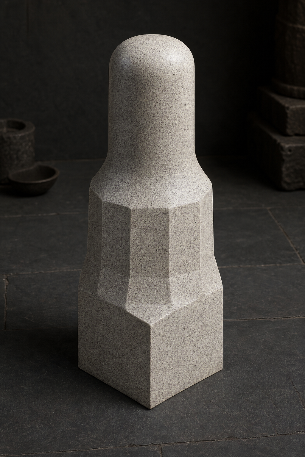 Continuous stone form rising from a square base through an octagonal middle to a circular crowned shaft.