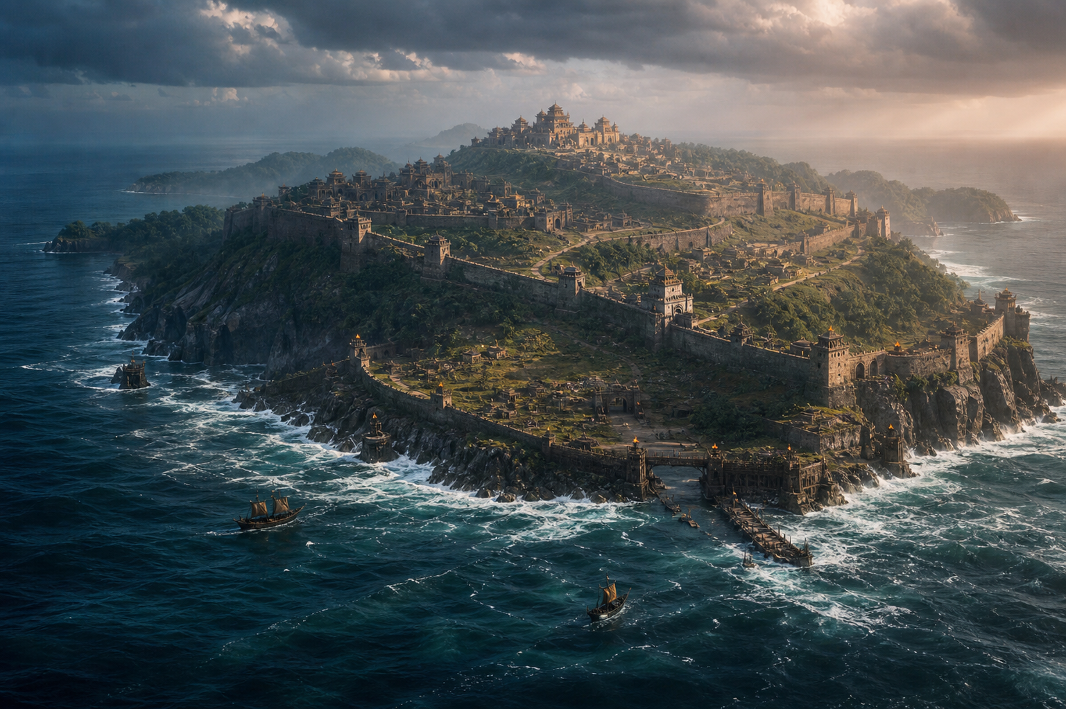 An aerial view shows fortified Lanka surrounded by rough ocean, steep cliffs, guarded approaches, high walls, gatehouses and watchtowers.