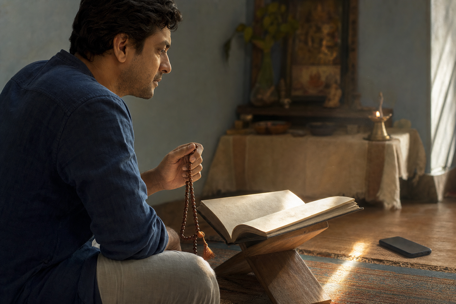 A tired devotee pauses over prayer beads and turns attentive focus toward an open devotional book in a quiet prayer corner.