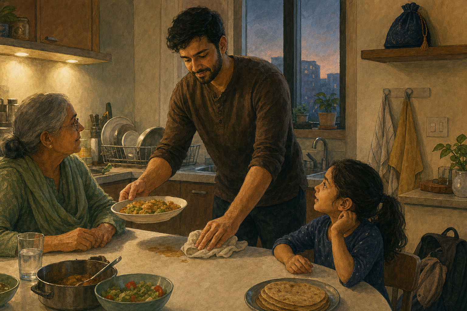 A devotee calmly serves an older relative and helps a child during a busy evening meal at home after work.