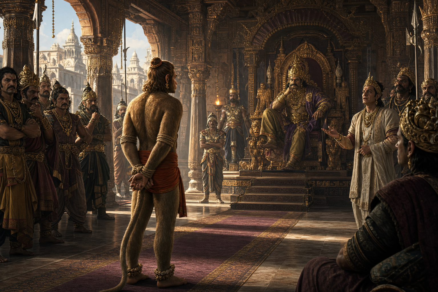 Bound but composed, Hanuman observes Ravana, Vibhishana, commanders, courtiers and guards reacting differently inside the royal court of Lanka.