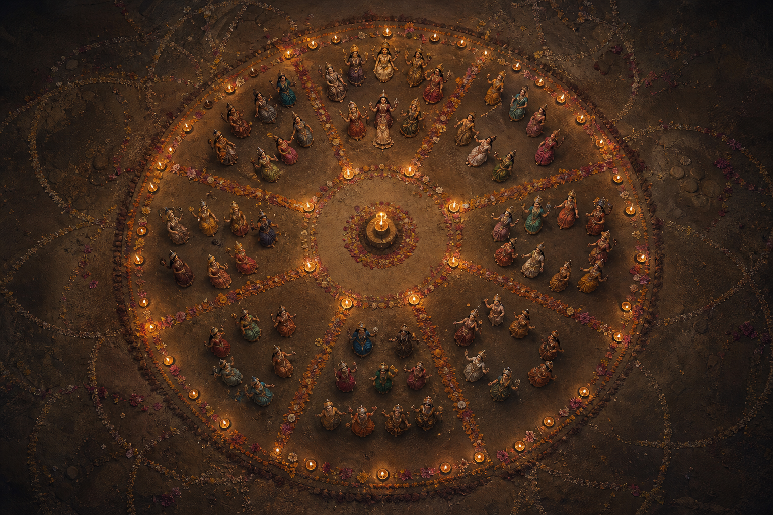 An overhead ritual space shows eight differently arranged clusters of sacred figures marked by lamps, petals, ash, and fading circles in the earth.