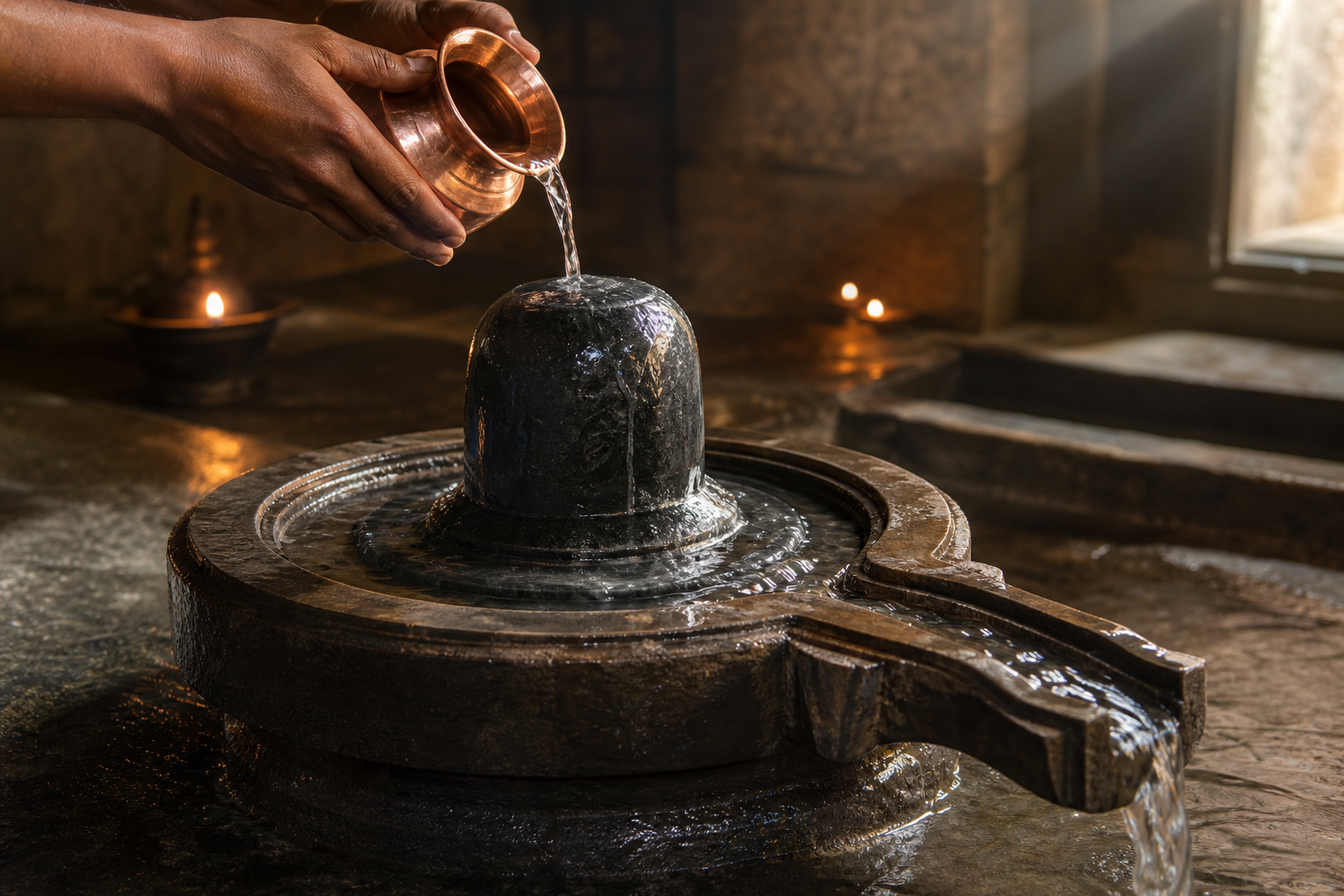 Clear water flows over a dark stone Shivling and drains through the channel of its pedestal during abhisheka.