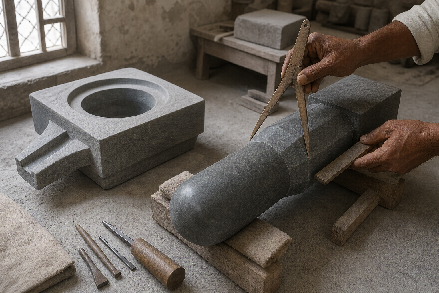 Artisan checks the proportions of an uninstalled square-octagonal-circular Shivling beside its stone pedestal.
