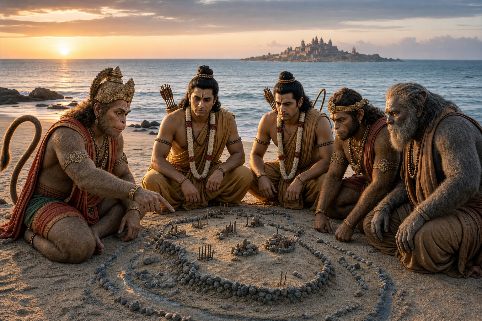 Hanuman briefs Rama, Lakshmana, Sugriva and Jambavan beside a model made from sand and stones as fortified Lanka appears across the sea.