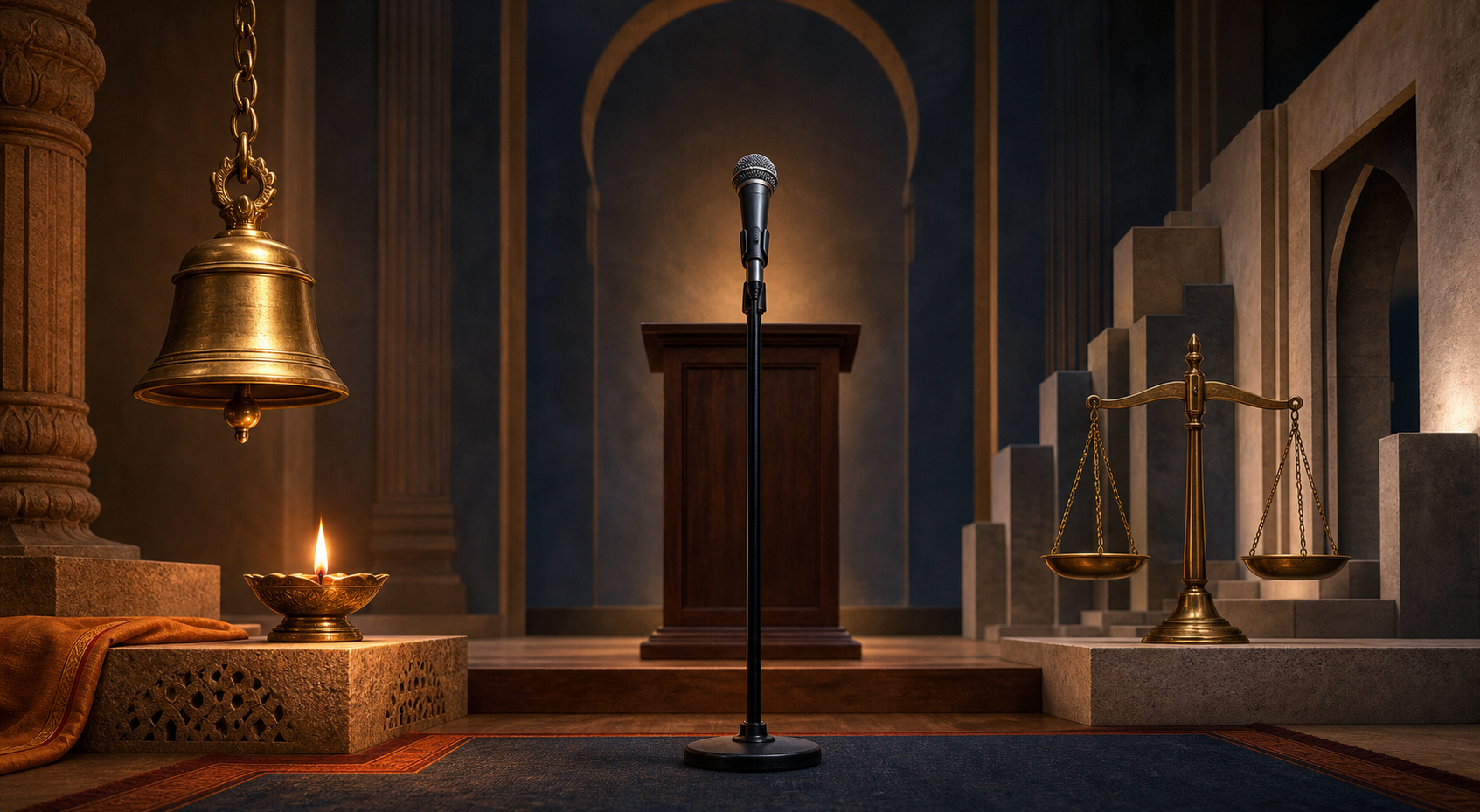 A microphone in a civic hall stands between a brass temple bell and oil lamp on one side and balanced scales with courthouse architecture on the other.
