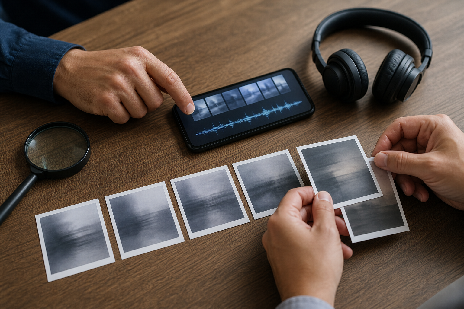 Anonymous hands compare unlabeled video frames on a smartphone and blank printouts beside headphones and a magnifying glass.