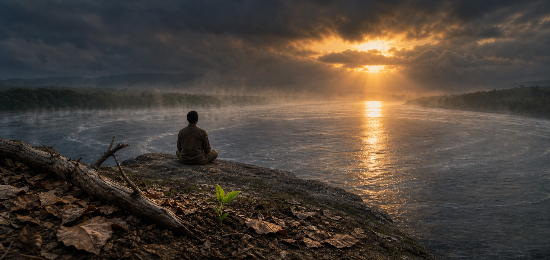 A solitary practitioner meditates beside a misty river at dawn, with fallen leaves, a weathered branch, and a new green shoot in the foreground.