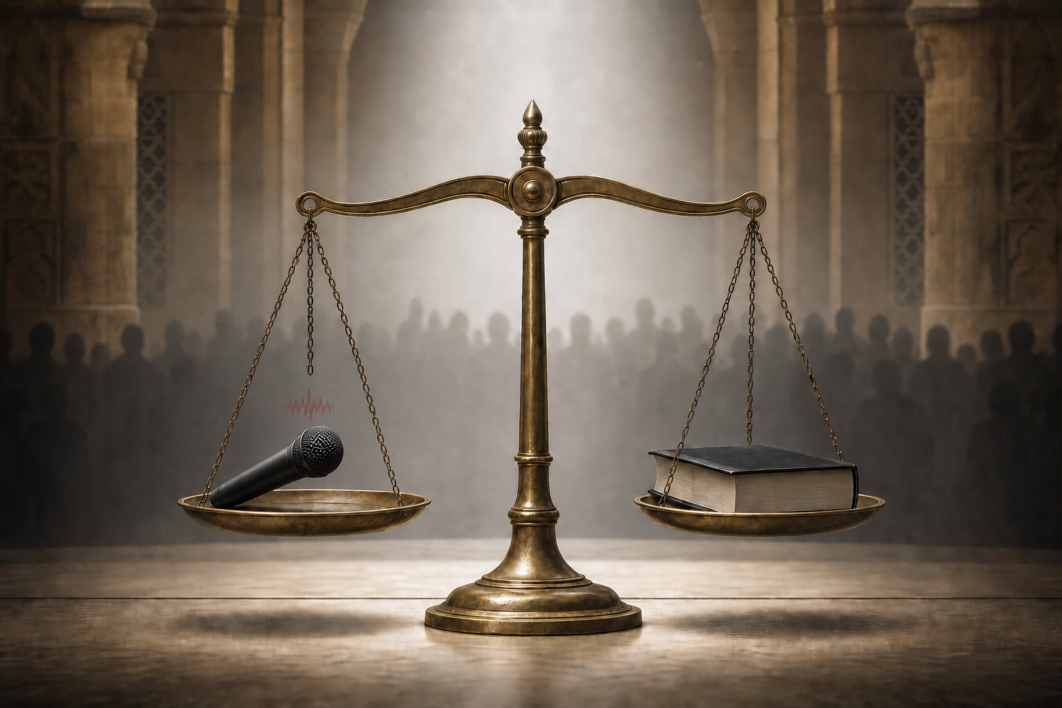 A brass balance scale holds a microphone with red sound ripples on one side and a blank law book on the other, with a blurred crowd behind it.