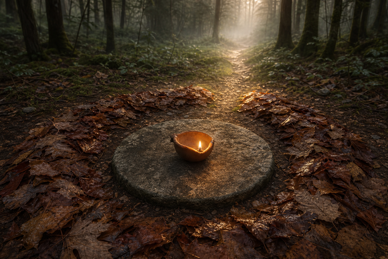 A newly lit clay lamp sits within a ring of fallen leaves, with its glow revealing an opening that leads into a forest.