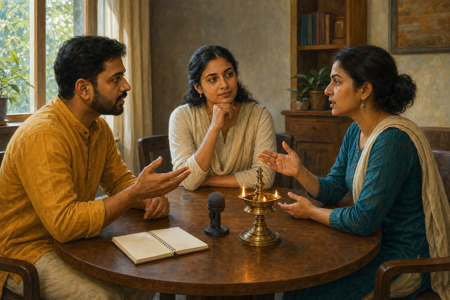 Three adults hold a calm discussion around a table with a blank notebook, a microphone, and a glowing brass oil lamp.
