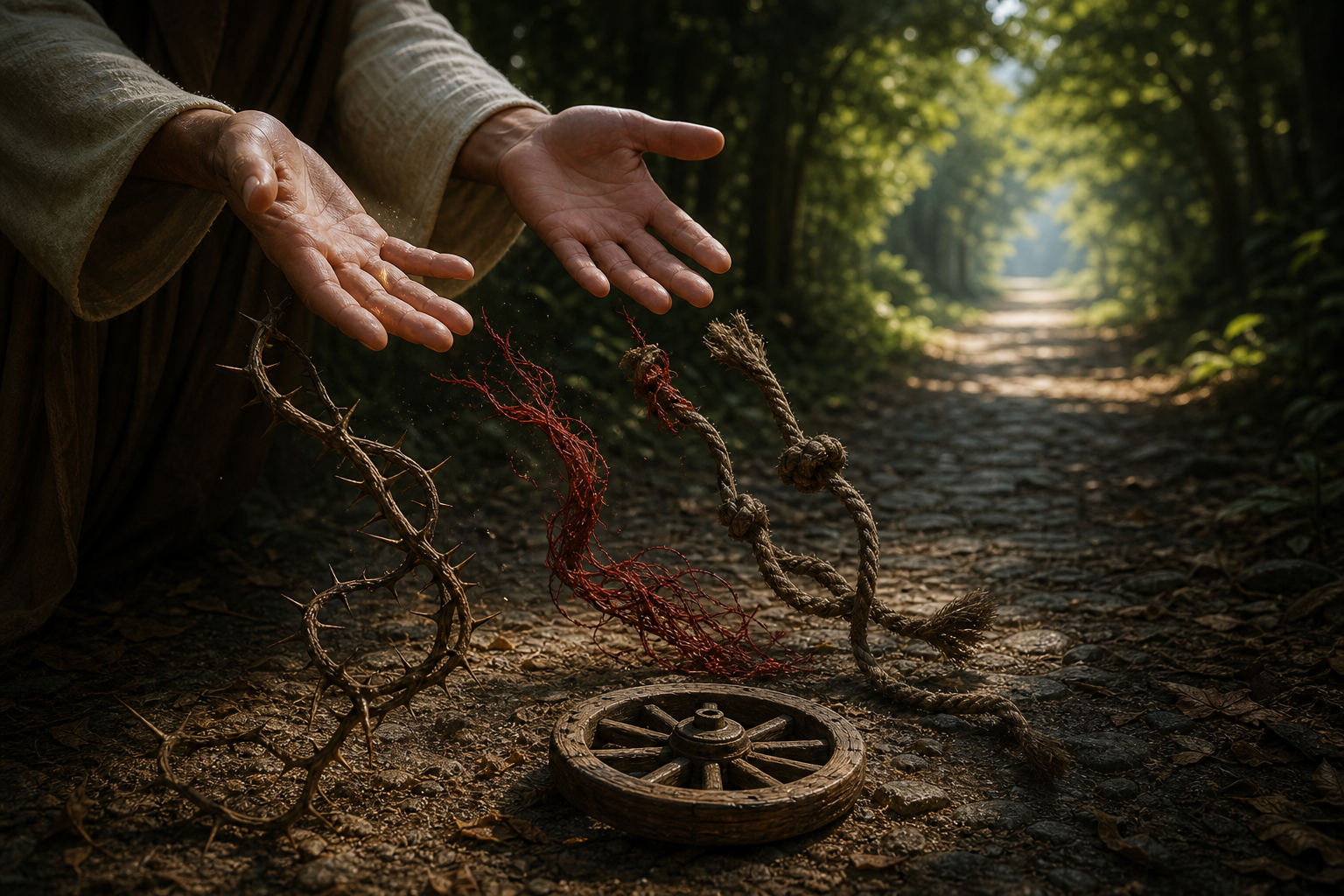 Open hands release three tangled cords from a small wooden wheel on a forest path leading toward daylight.