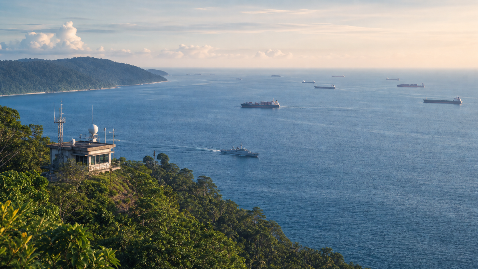 Container ships pass on a distant sea lane while an unmarked patrol vessel and aircraft operate near a forested island headland.