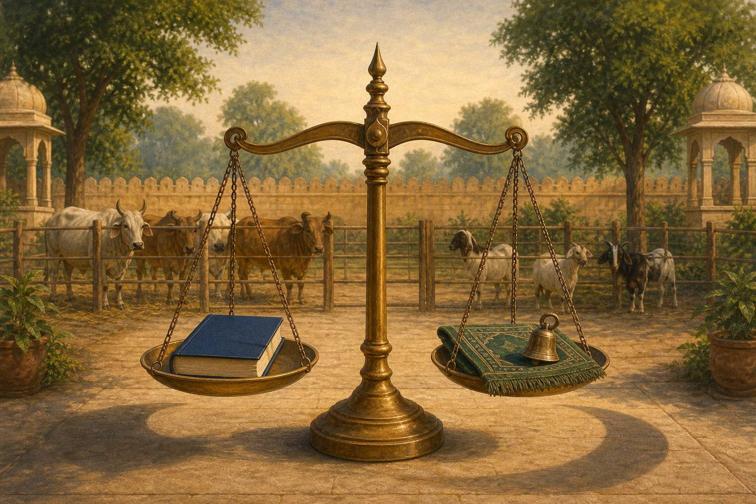 Brass balance scales hold an unlabelled law book and religious observance items beside a calm enclosure containing cattle and goats.