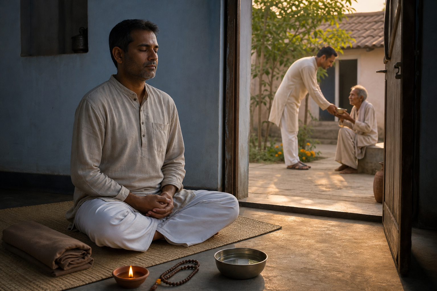 A householder meditates in a simple dawn-lit room while an open doorway reveals food being offered to an elderly neighbor in the courtyard.