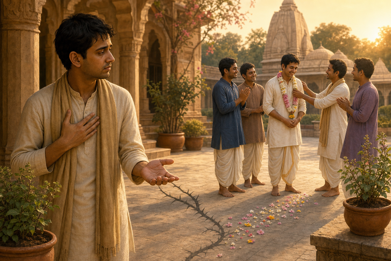 A devotee pauses in a temple courtyard while another devotee receives a flower garland from members of the community.