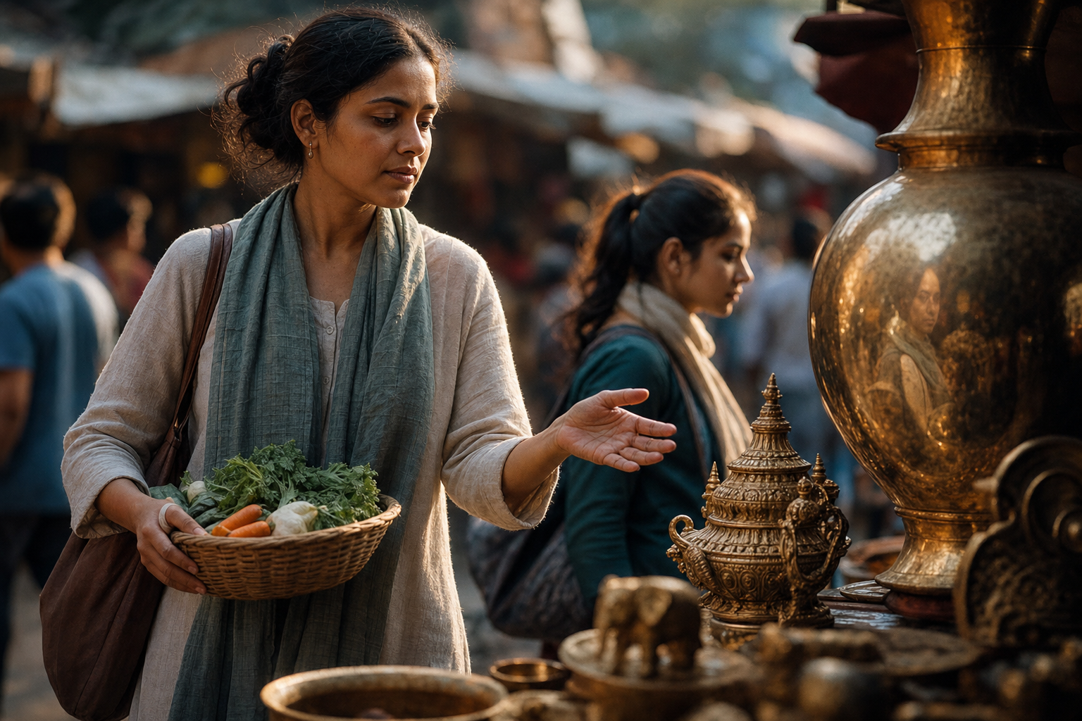 A calm shopper at an outdoor market lowers an open hand beside an ornate object while carrying a basket of basic food.