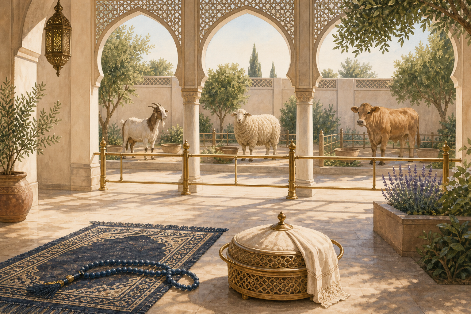 A prayer mat and beads sit in a bright courtyard beside orderly enclosures containing a goat, a sheep, and cattle.