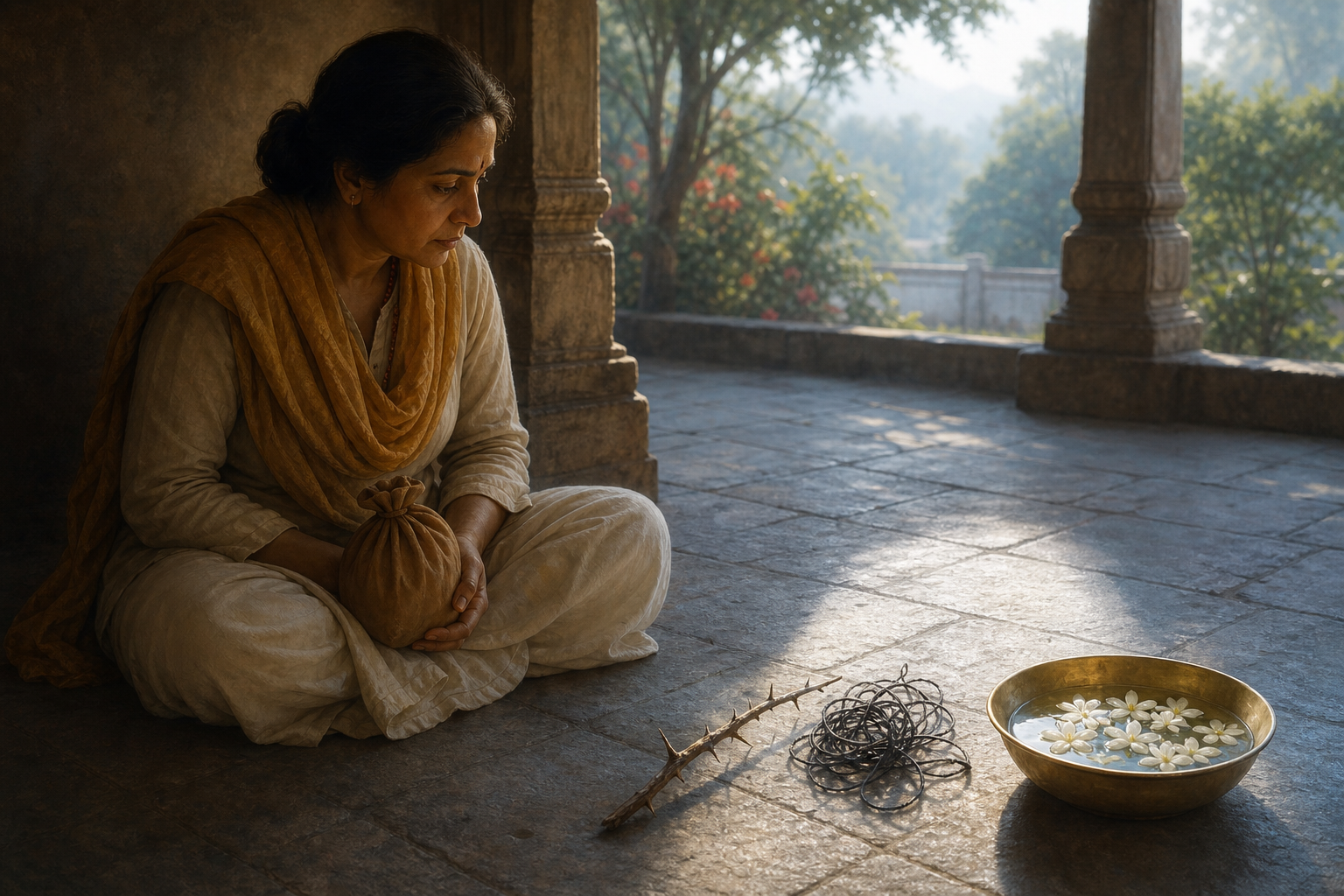 A seated devotee reflects beside a thorny twig, a tangled thread and a brass bowl of water with jasmine petals.