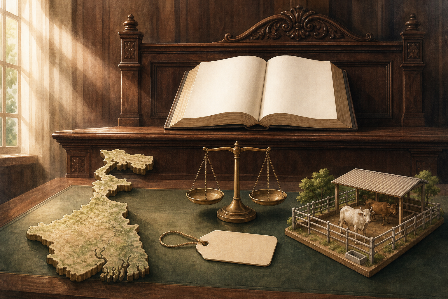 An unlabelled law book, balance scale, cattle enclosure model, and relief outline of West Bengal sit before a wooden judicial bench.
