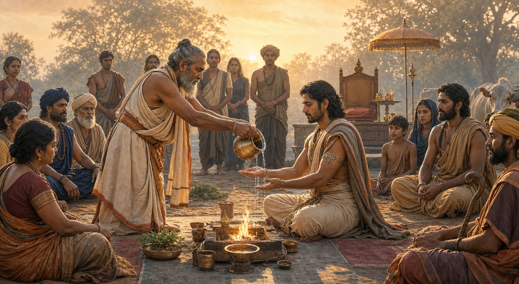 A ruler takes a solemn oath beside a small ritual fire as an officiant pours water over the ruler's hand and members of the community witness the ceremony.