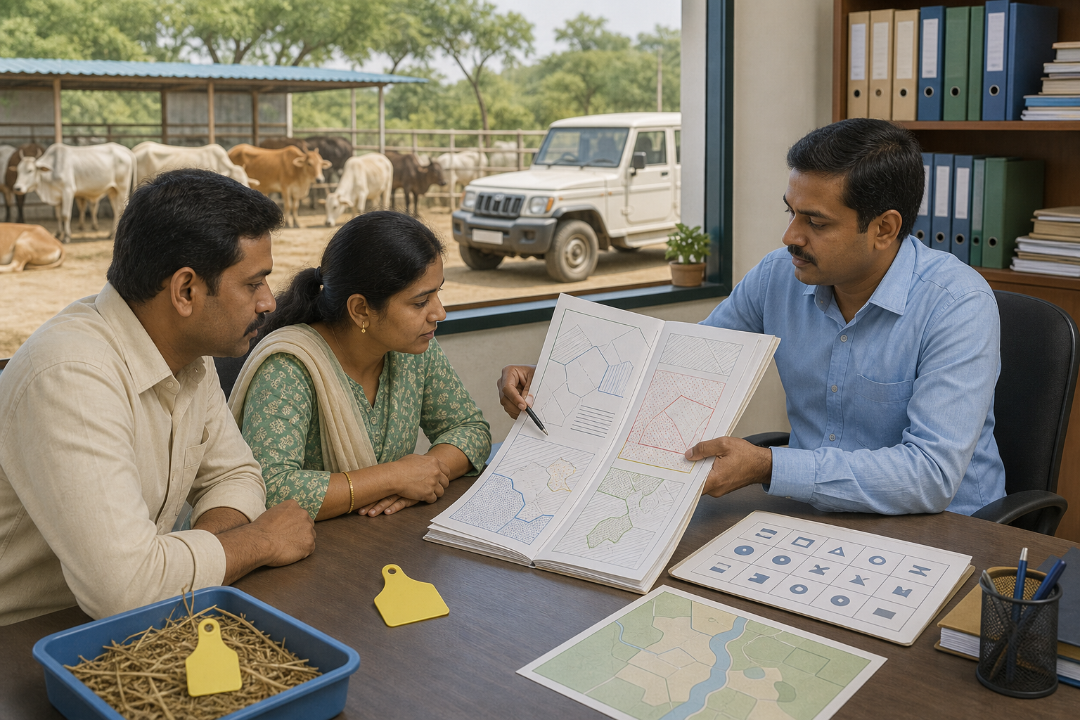 Two citizens and a civil official review an unlabelled document at a public help desk overlooking a calm livestock enclosure.