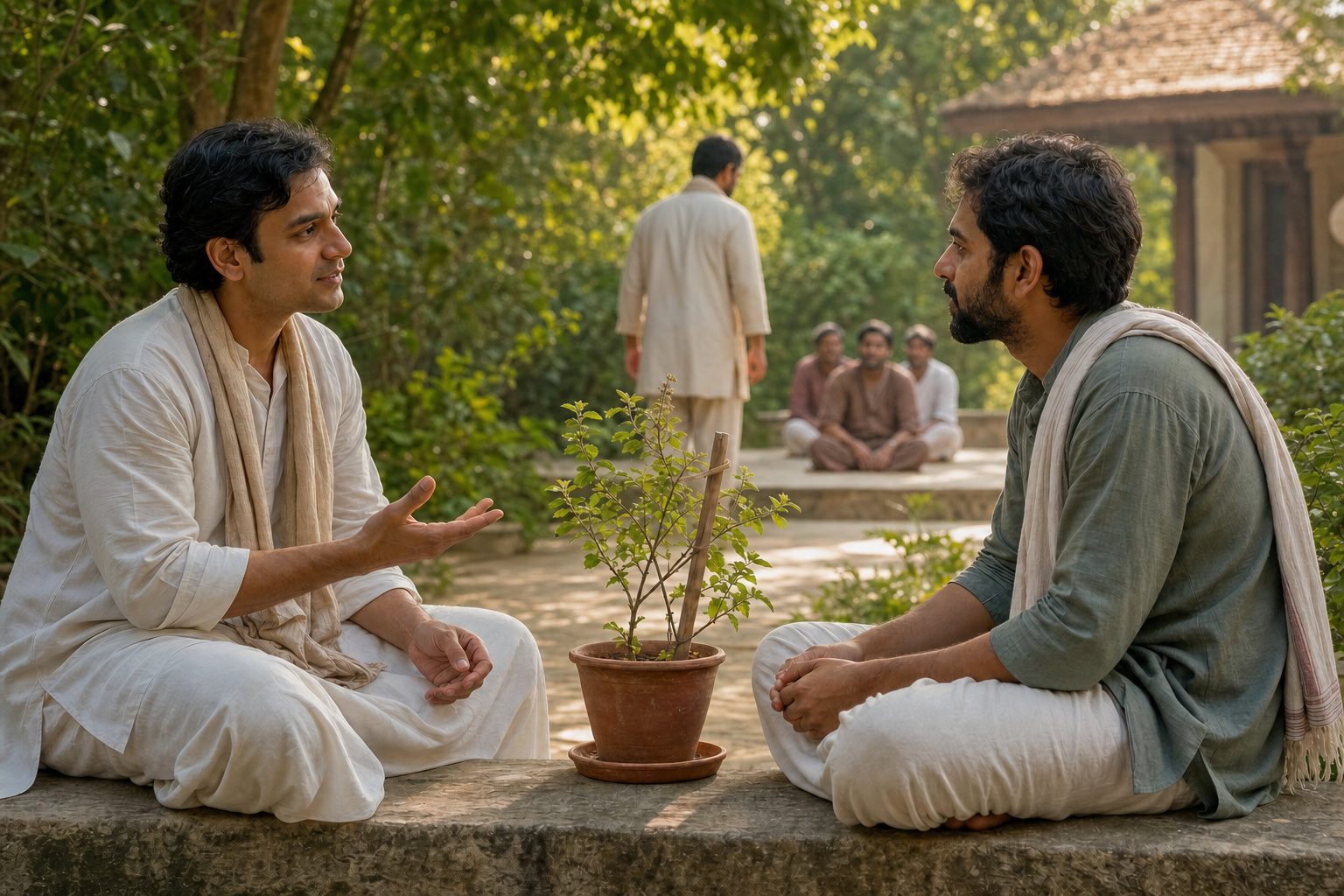 Two devotees speak privately on a garden bench beside a supported tulasi plant while another person steps away from a group in the background.