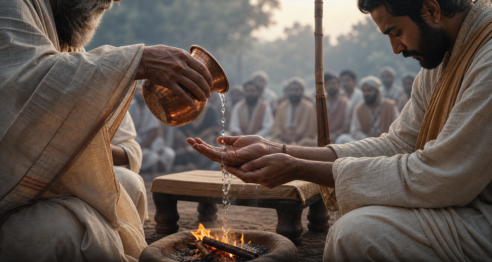Water is poured into a ruler's open palm beside a ritual fire while an assembly watches in the background.
