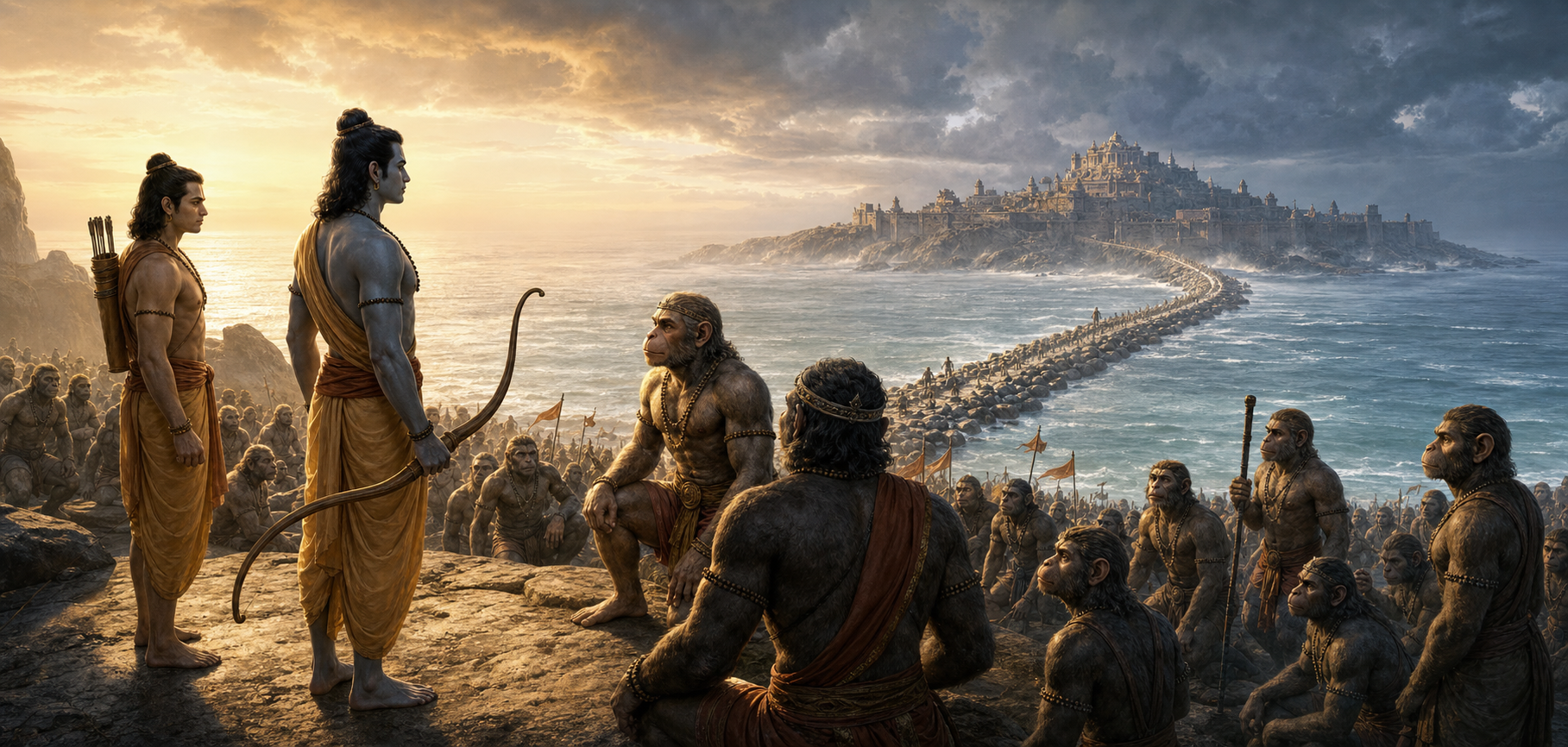 Rama, Lakshmana, Hanuman, Sugriva and the vanara coalition overlook a stone causeway crossing the sea toward fortified Lanka at dawn.