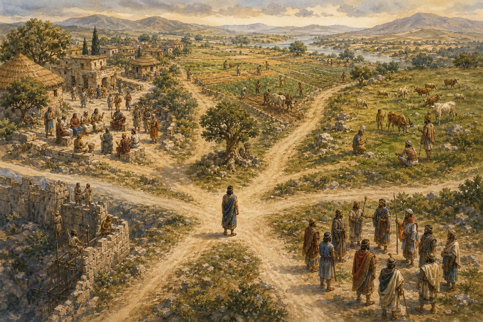 Five paths extend from a central meeting place toward a village assembly, farmland, pasture, a guarded boundary, and a distant community gathering.