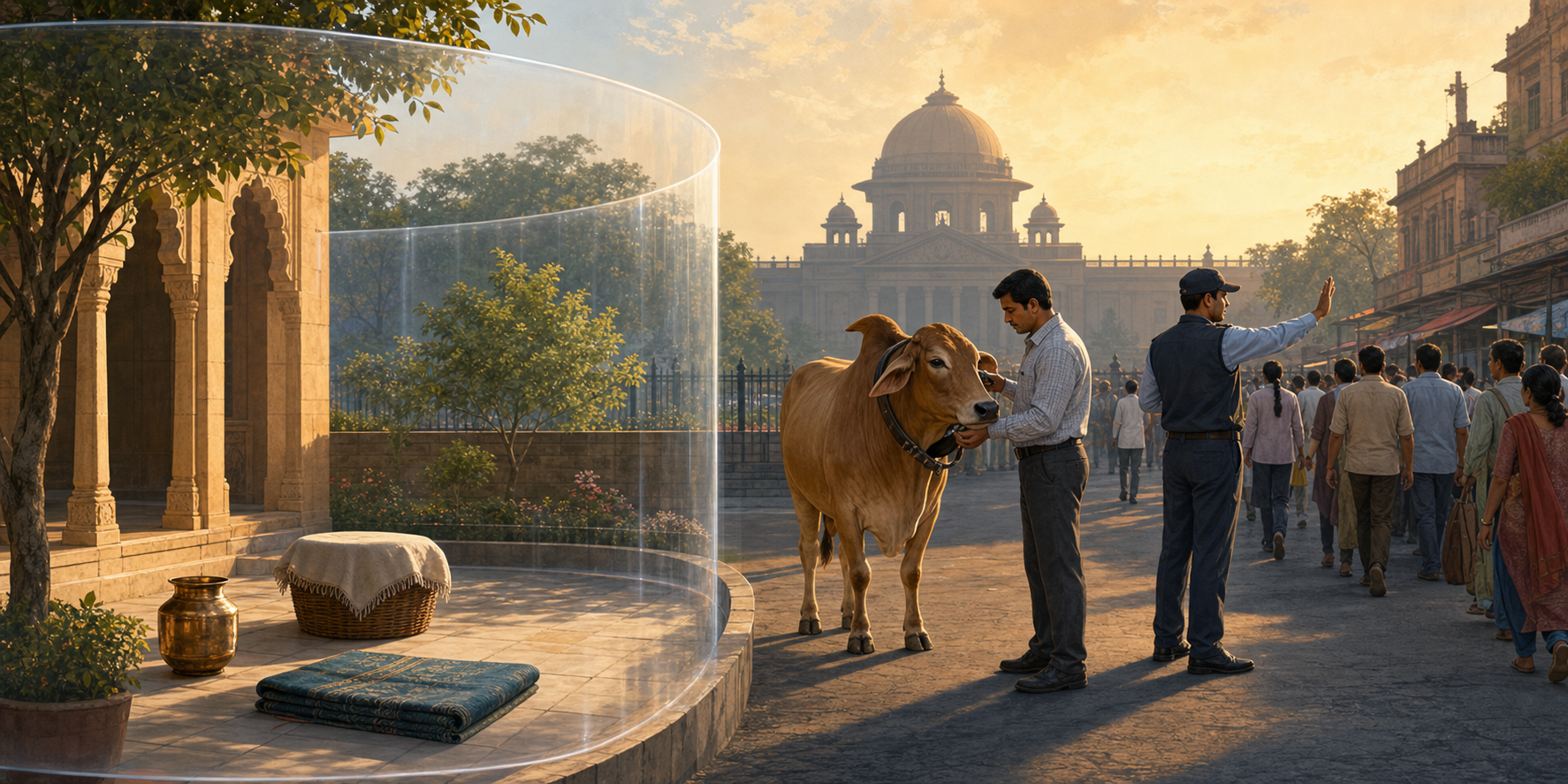 A transparent boundary separates a peaceful religious courtyard from officials calmly inspecting a healthy cow and managing a public lane.