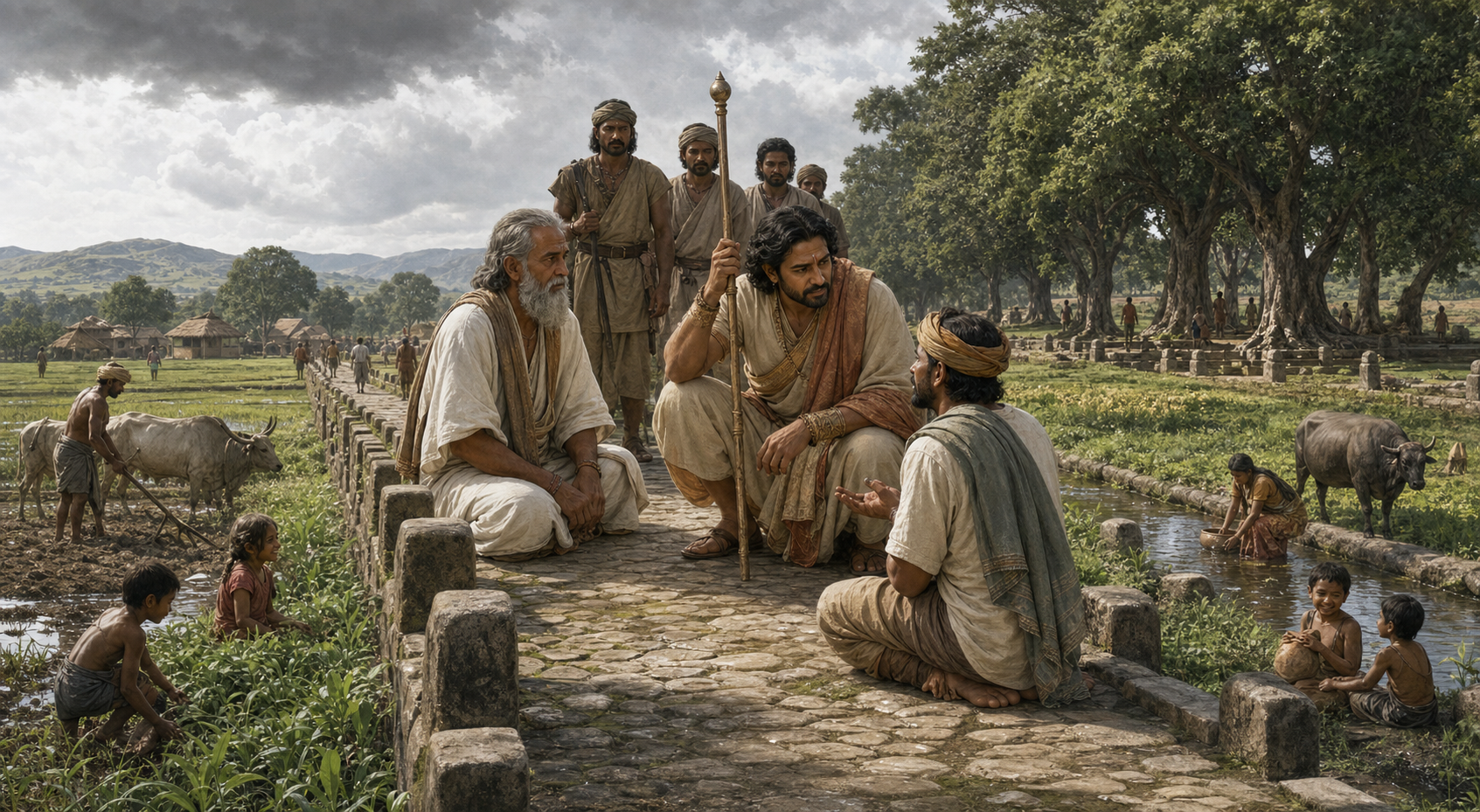 A ruler listens to a petitioner on a bounded stone path while farms, families, animals, waterways, and a grove flourish on both sides.