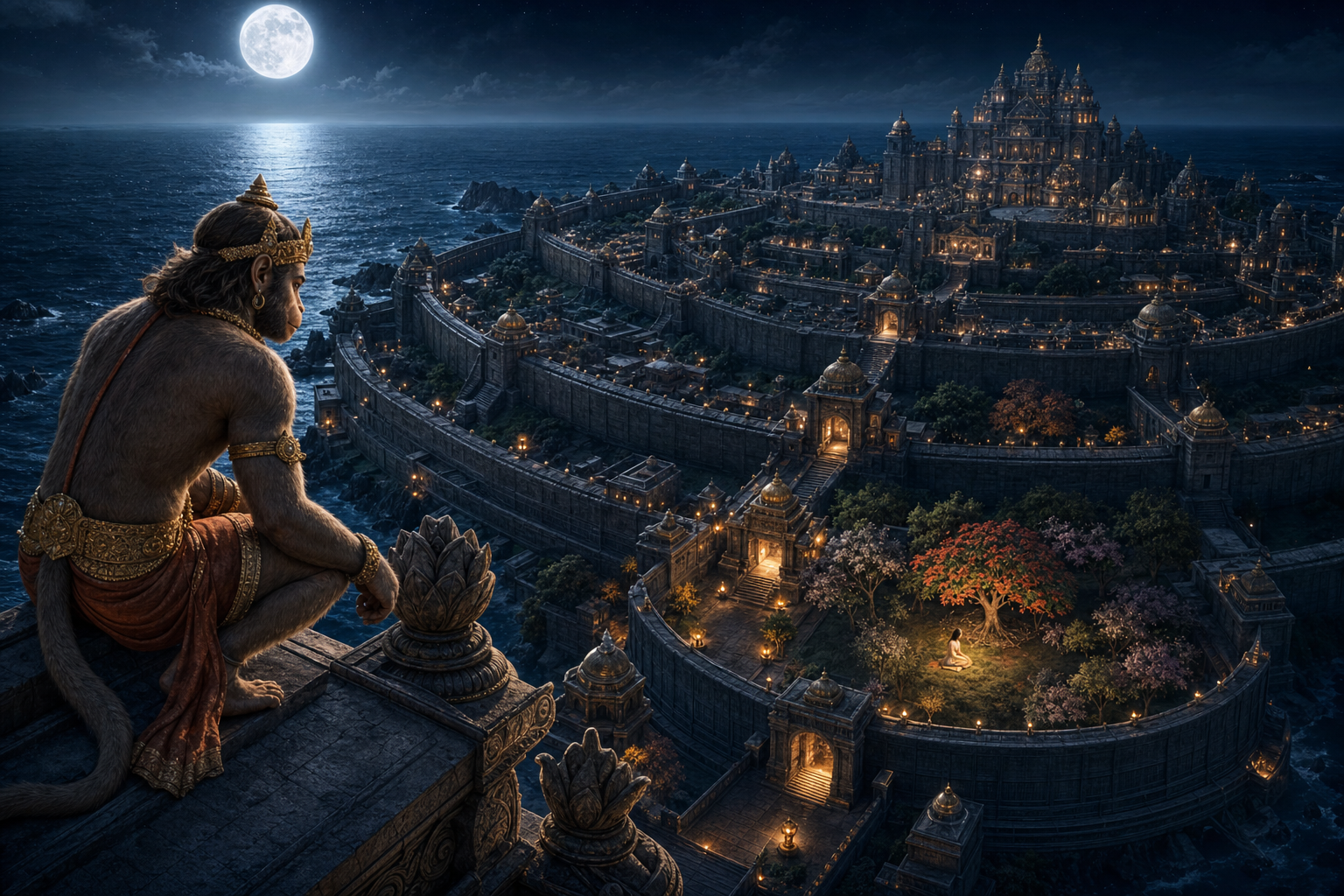 Hanuman surveys Lanka's walls, gates and towers from a rooftop while Sita sits beneath a tree in the ashoka grove below.