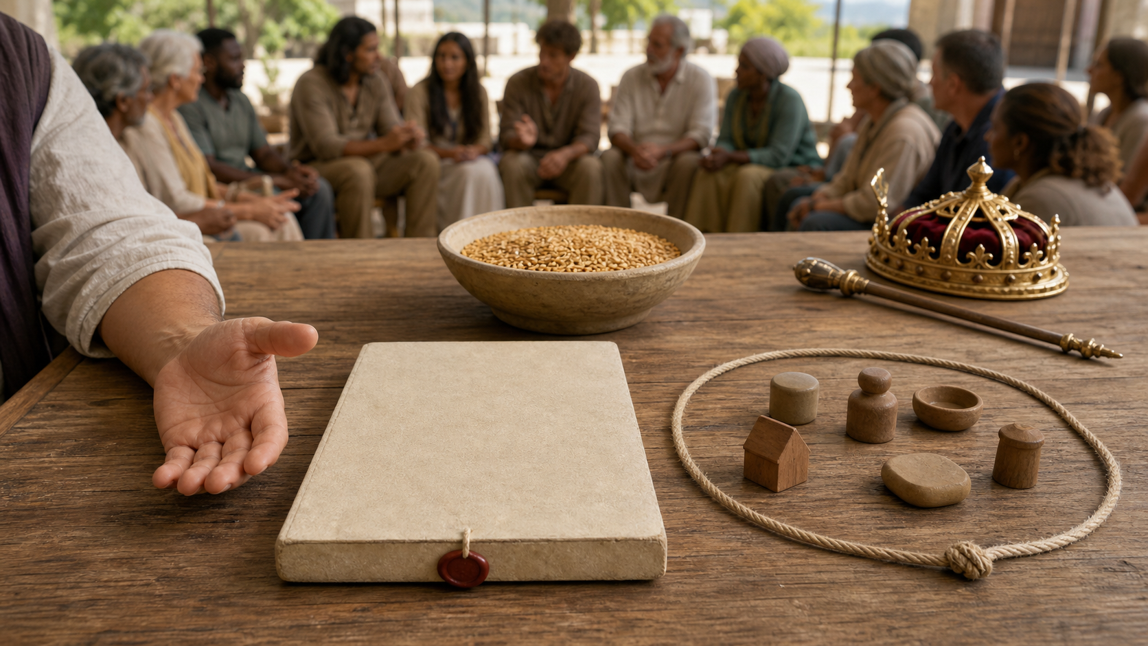 An unused crown and scepter lie beside a blank pledge tablet, a bowl of grain, and household tokens enclosed by a protective cord, with a civic gathering behind them.