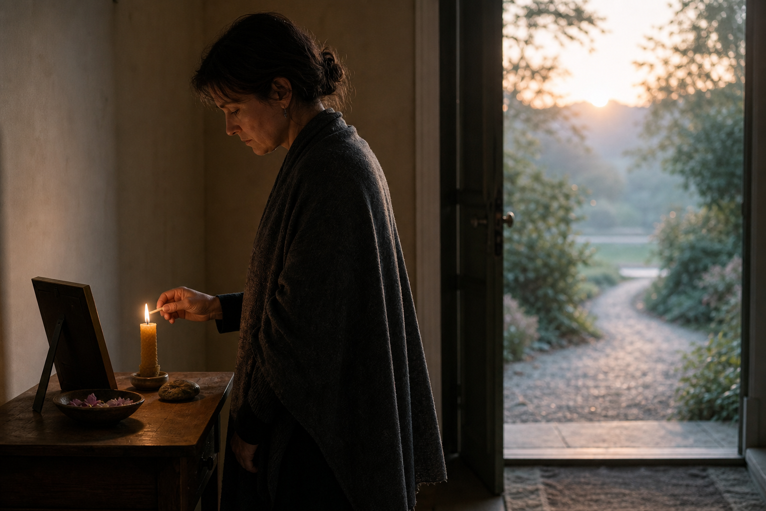 An adult lights a candle beside a framed photograph, flower petals, and a keepsake while dawn light enters through an open doorway.
