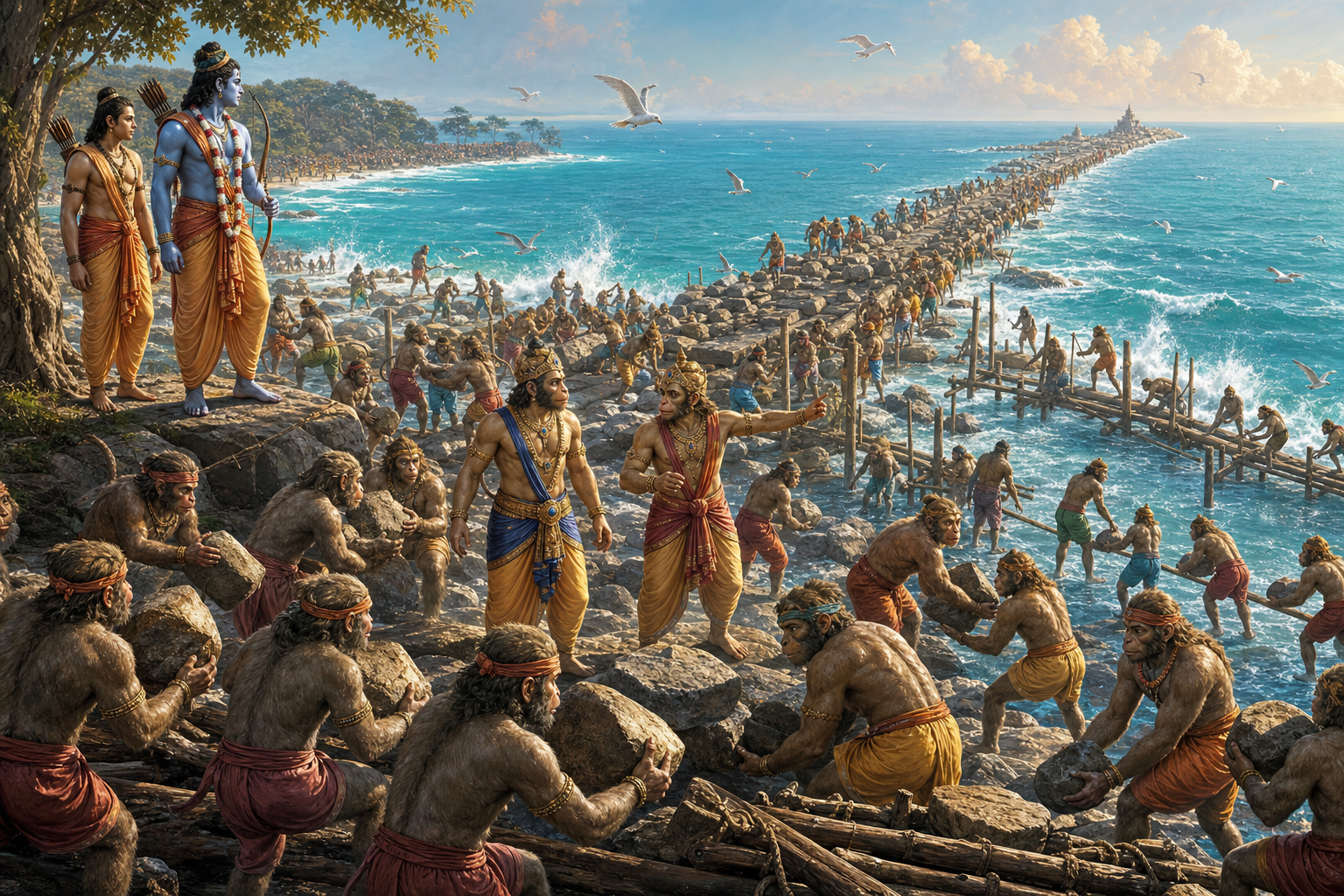 Vanara teams carry and place stone and timber under Nala and Nila's direction as they build the causeway across the sea while Rama and Lakshmana observe.