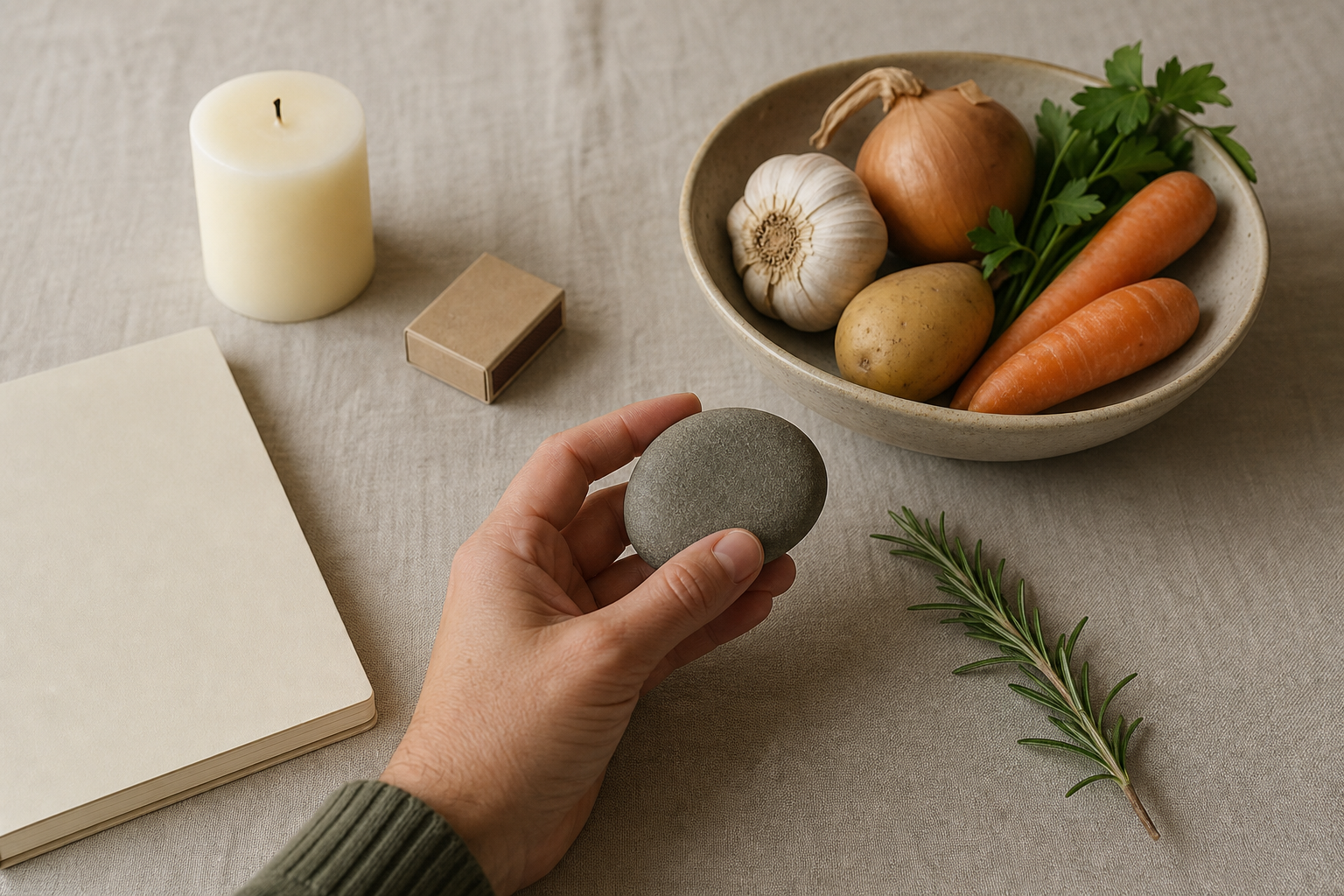 A hand selects a smooth stone from a table holding a candle, cooking ingredients, rosemary, and a closed journal.