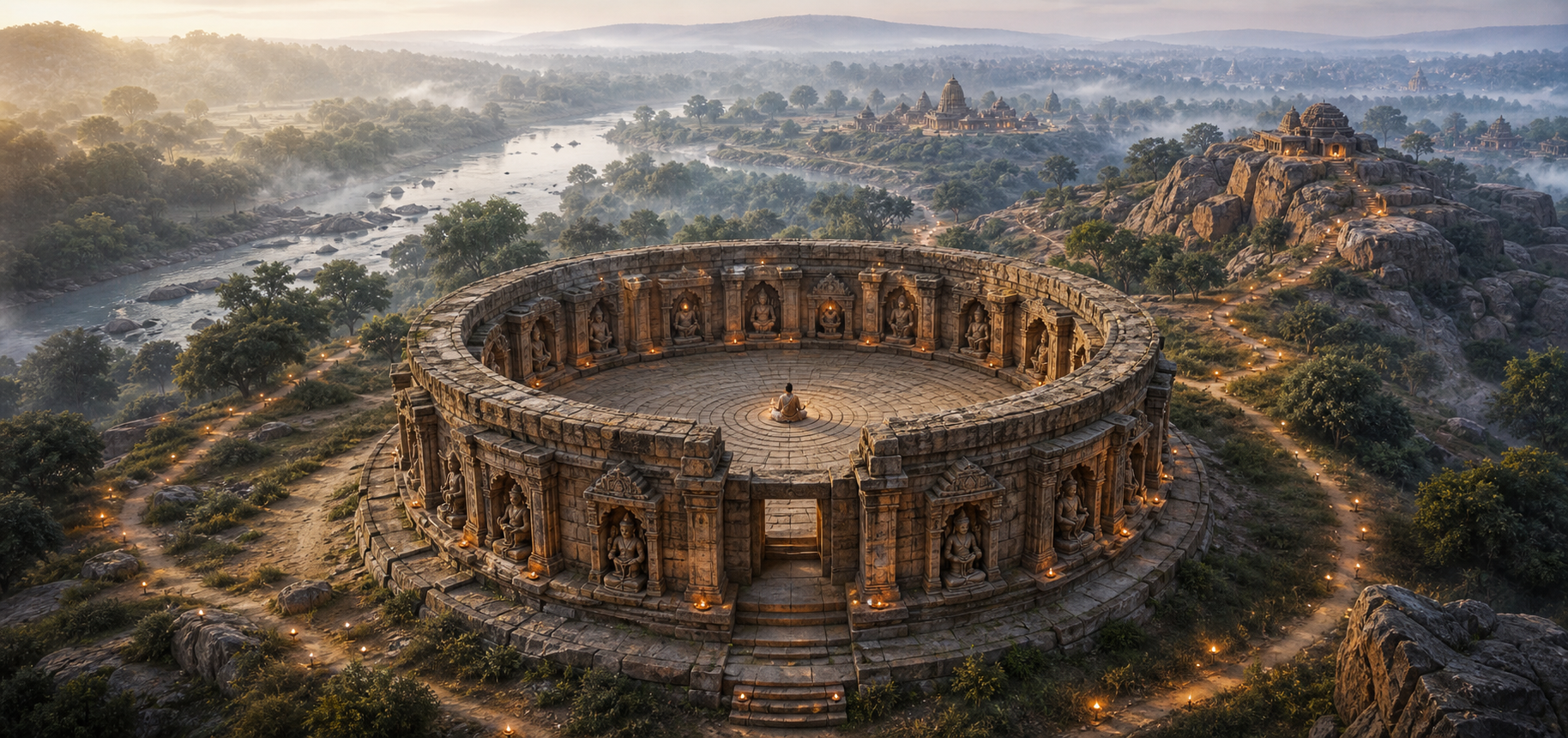 A seated practitioner occupies the courtyard of a roofless circular stone sanctuary connected by paths to a river, forest, ridge, and distant shrines.
