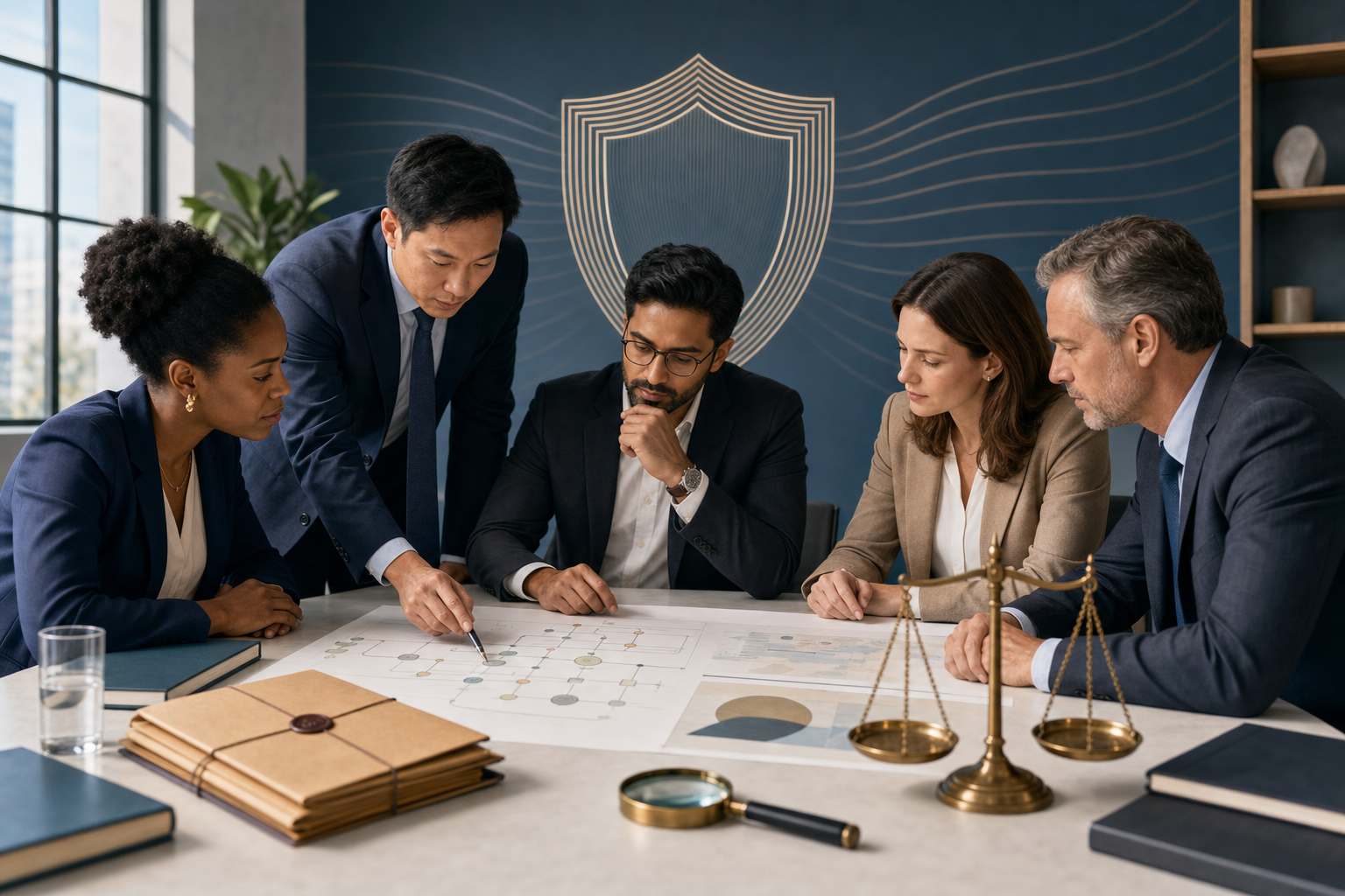 Corporate compliance professionals review documents and transaction evidence beside a brass balance scale and an abstract protective shield.