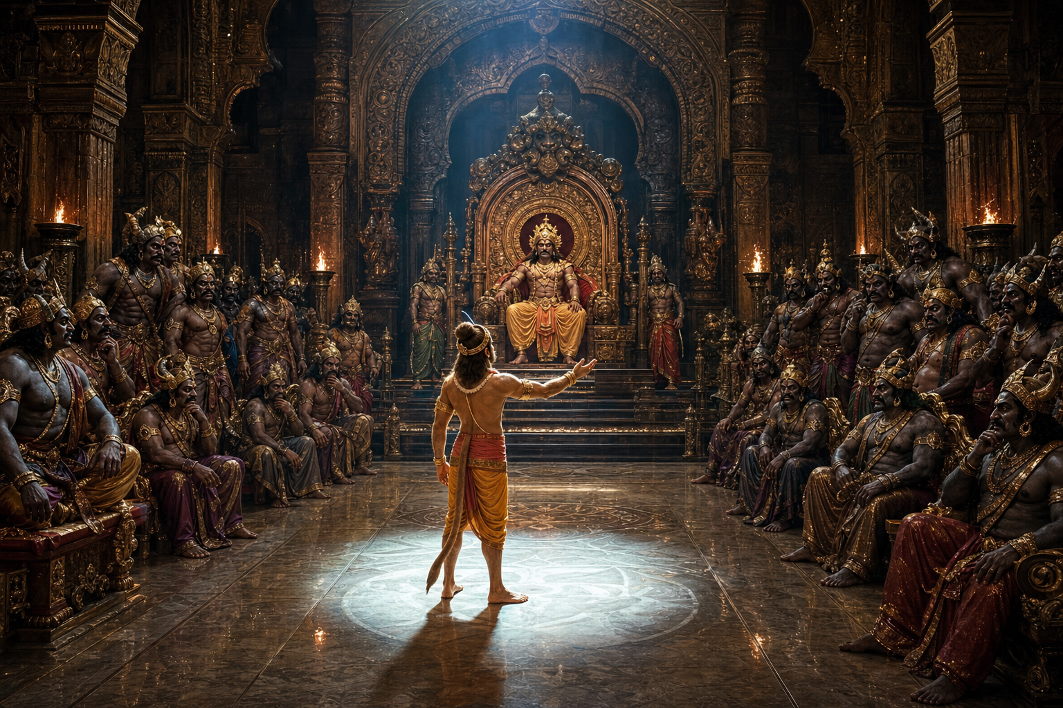 Angada stands as Rama's envoy before Ravana and the assembled rakshasa court, offering a final peaceful resolution before battle.