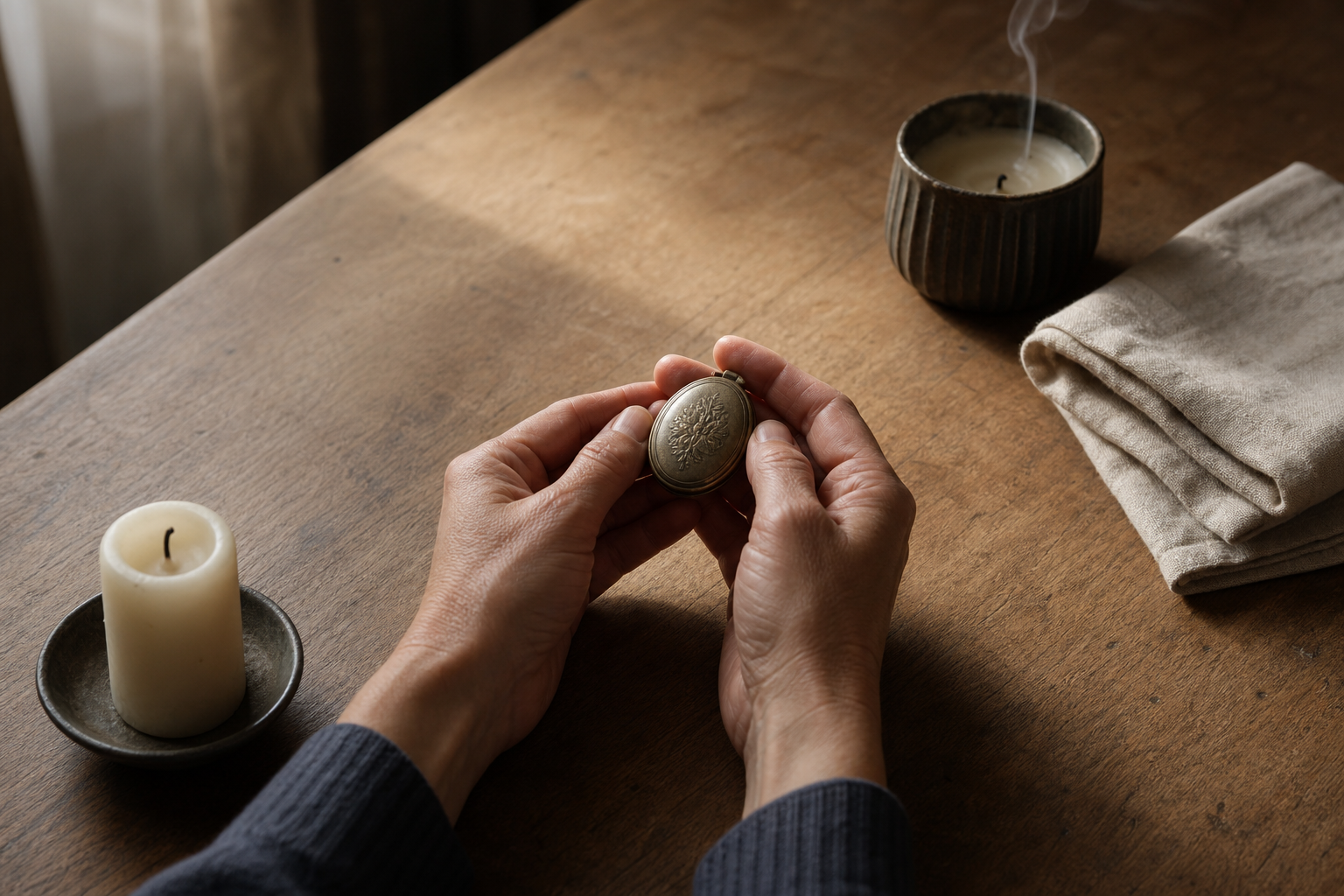Hands cradle a small keepsake between an unlit candle and an extinguished candle on a simple table.