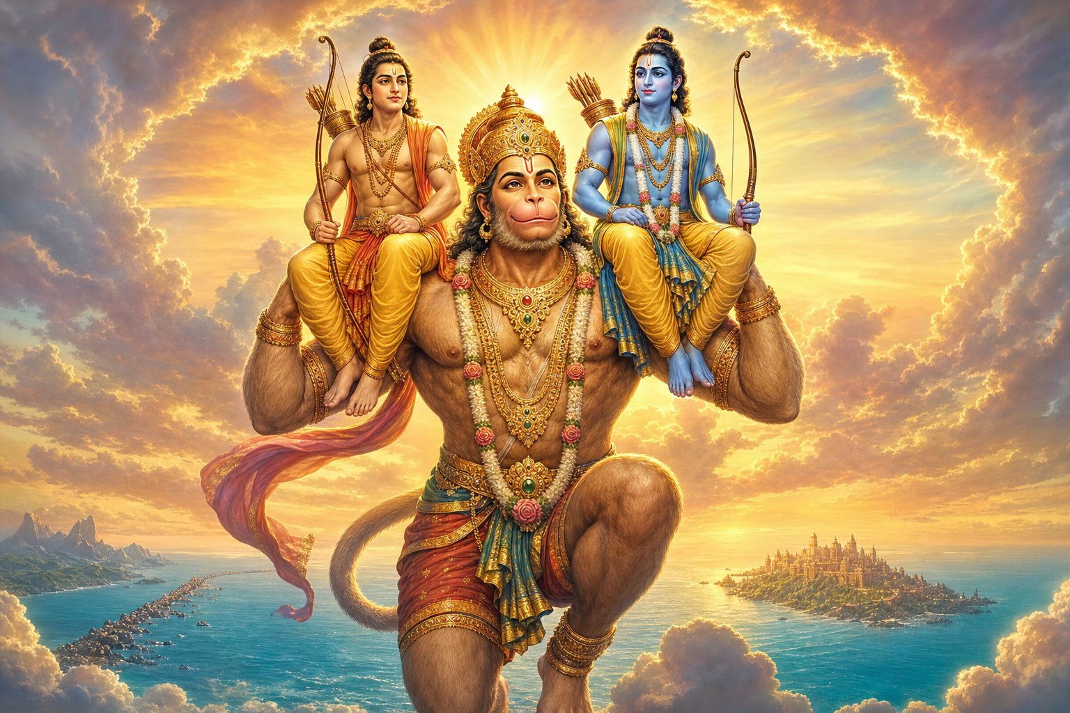 A colossal Hanuman carries the serene figures of Rama and Lakshmana on his shoulders above a dreamlike sea, causeway and distant Lanka.